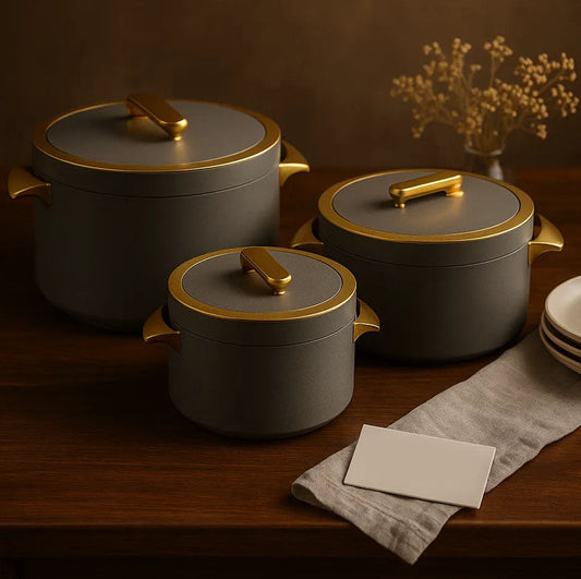 Premium 3-Pcs Insulated Hotpot Set – Grey & Gold | 1000ml, 2000ml, 3500ml